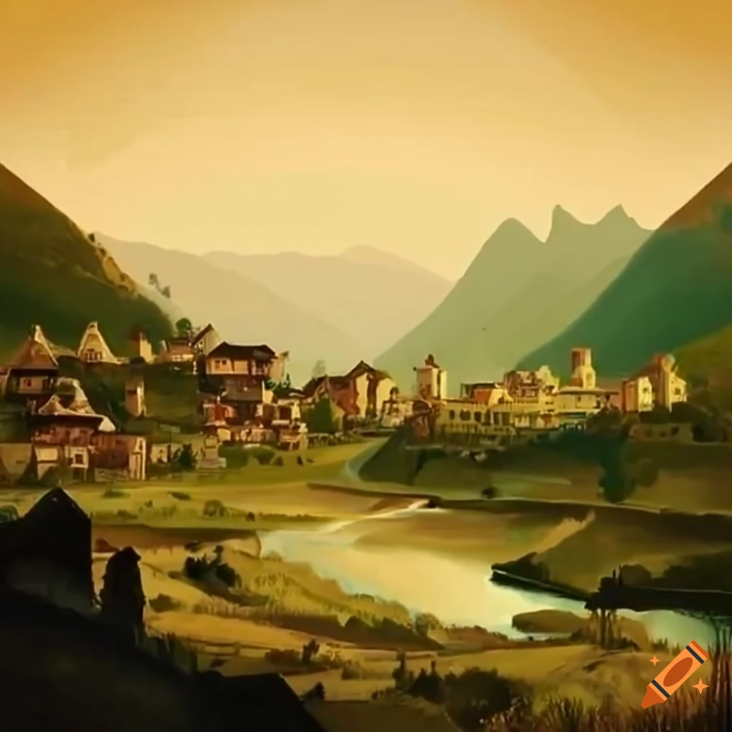 Scenic village nestled in a valley on Craiyon