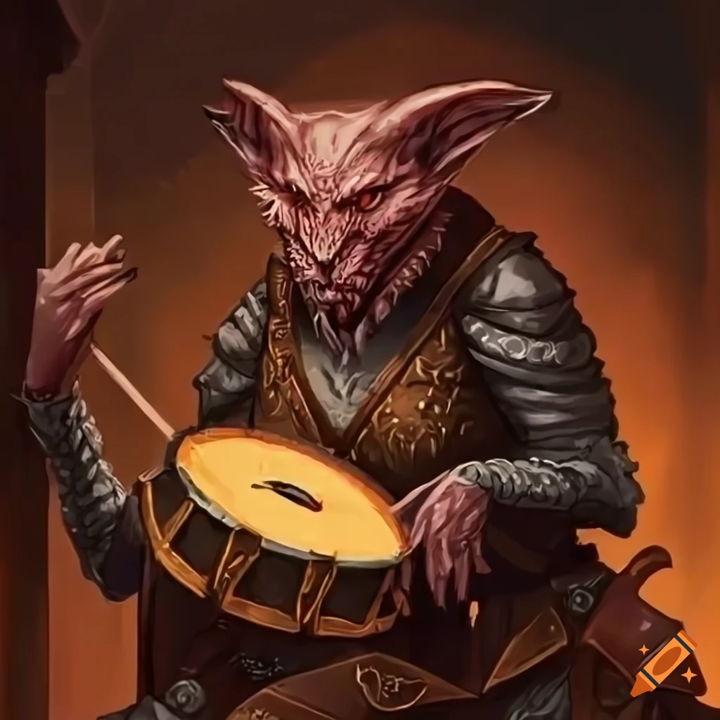 Illustration of a dragonborn bard playing drums