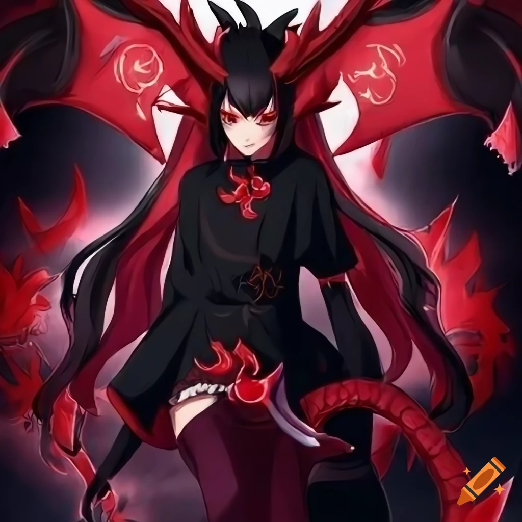 mysterious dragon girl with black and red hair and snake tail