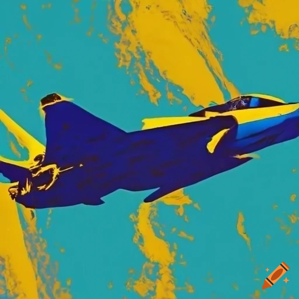 Andy Warhol-style fighter jet in yellow, black, and blue