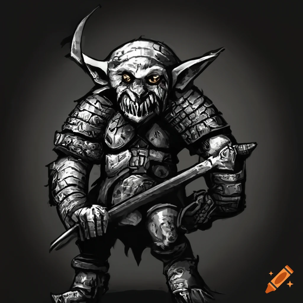 black and white image of an armored goblin with a sword