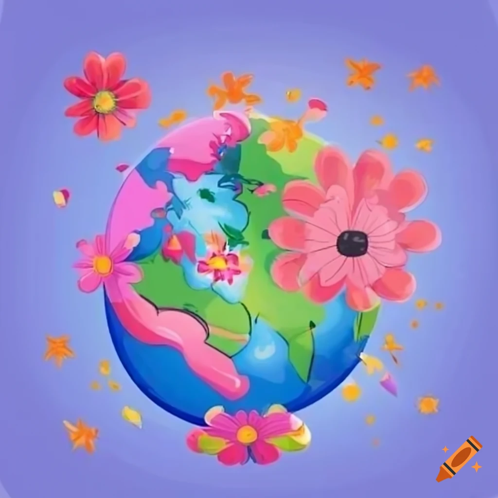 cartoon flowers dancing around a globe