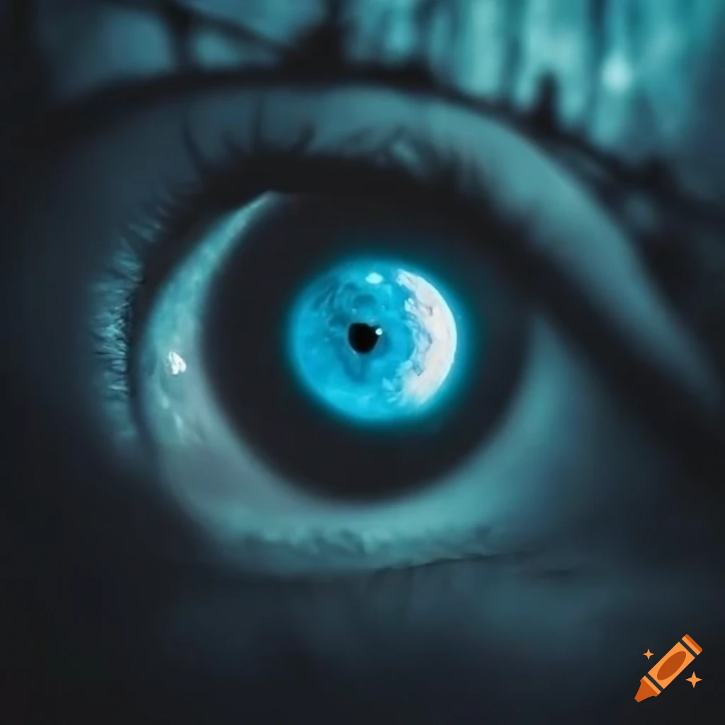 close up of a haunting blue eye in a forest