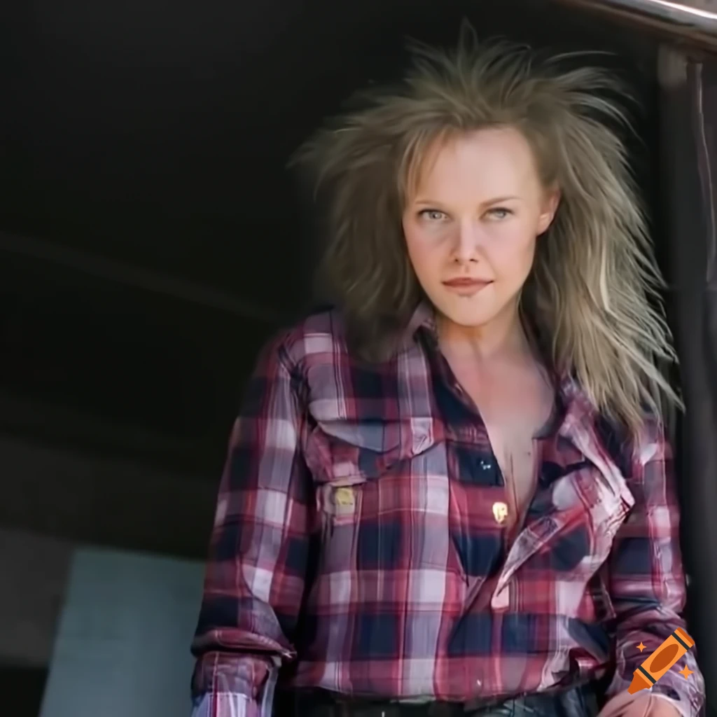 photorealistic image of a young woman in a plaid shirt and leather trousers