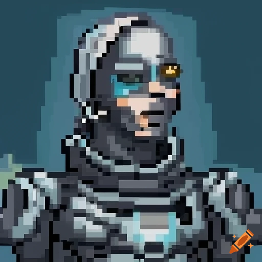 pixel art portrait of a cyborg space commander