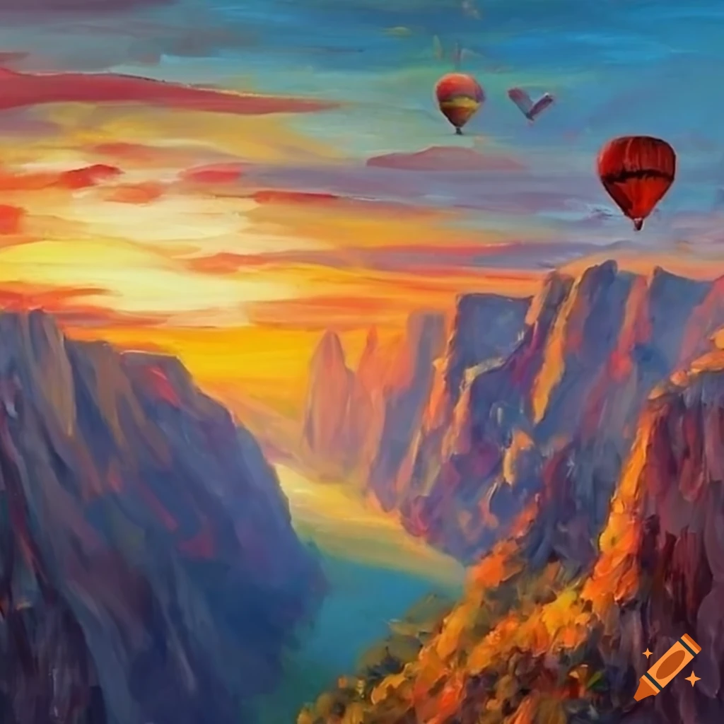 sunset landscape with a red onion-shaped hot air balloon