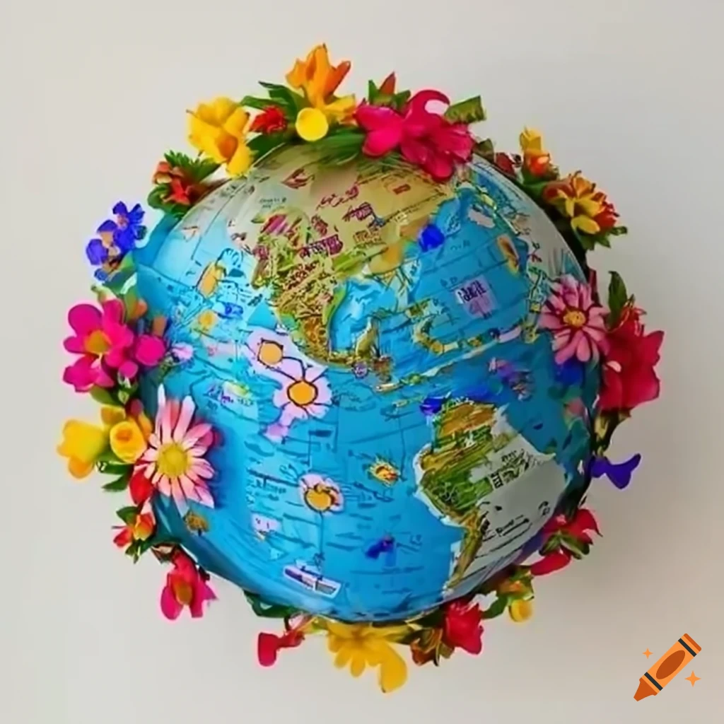 whimsical flowers circling a world globe