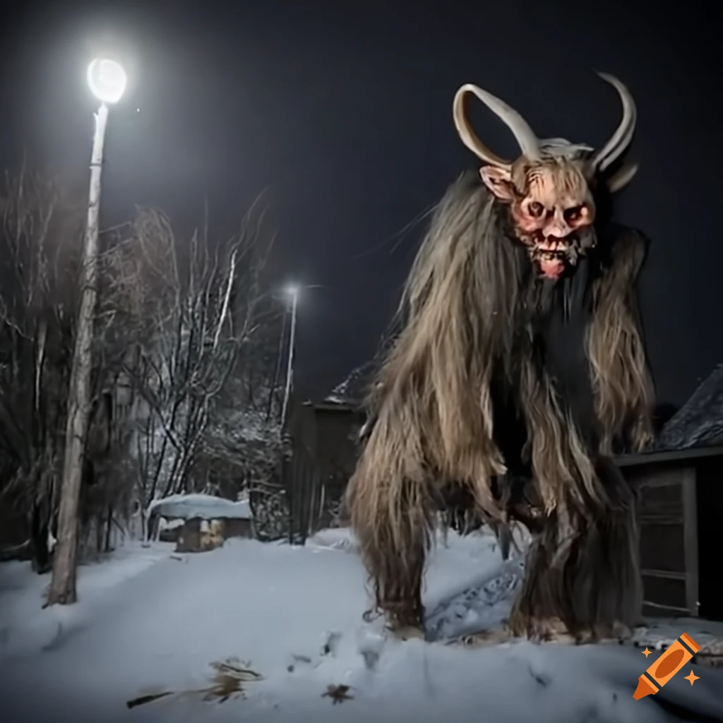 Krampus in a snowy neighborhood during a blizzard