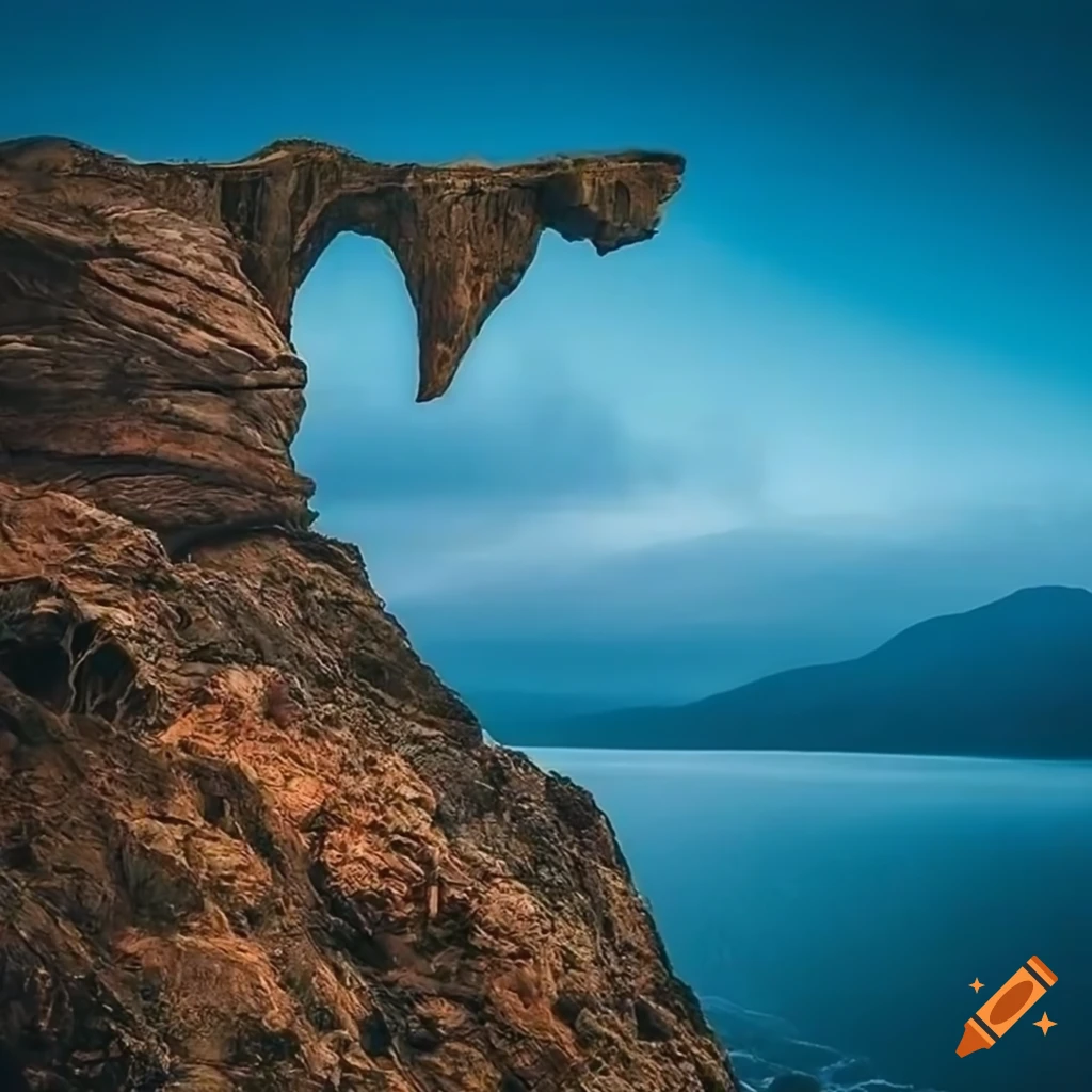 geological arch on a coastal cliff with mountains in the background