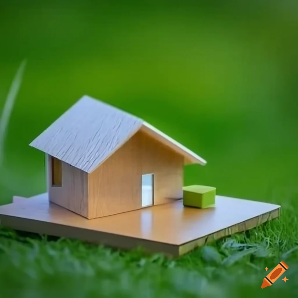 wooden model of a modern house on green grass
