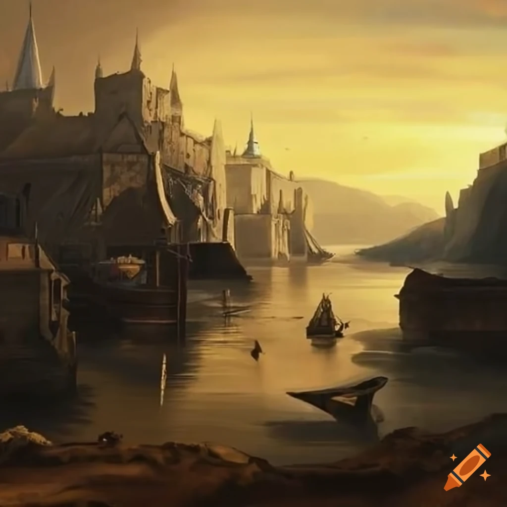 medieval port in a desert bay artwork