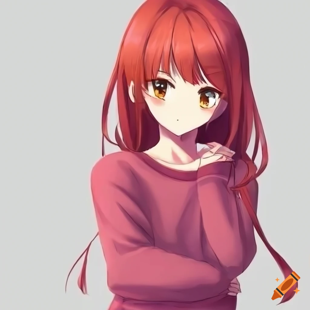 anime girl with long red hair in a pink sweater