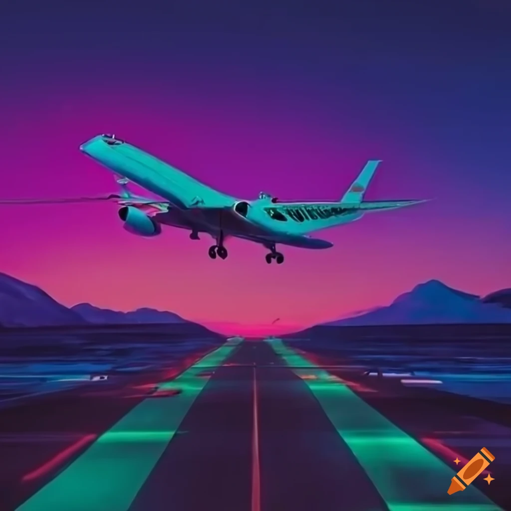 Vibrant neon airplane taking off towards the mountains on Craiyon