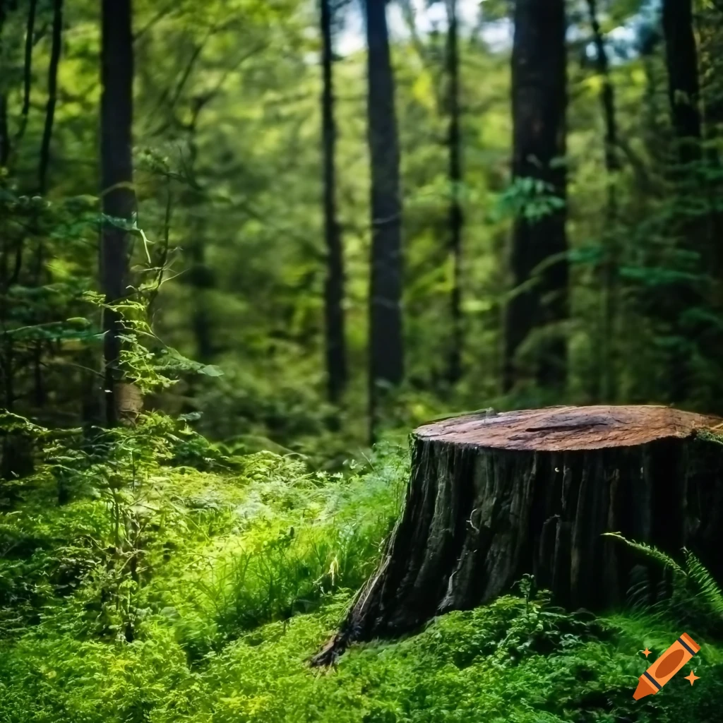 View of a weathered tree stump in a lush forest on Craiyon