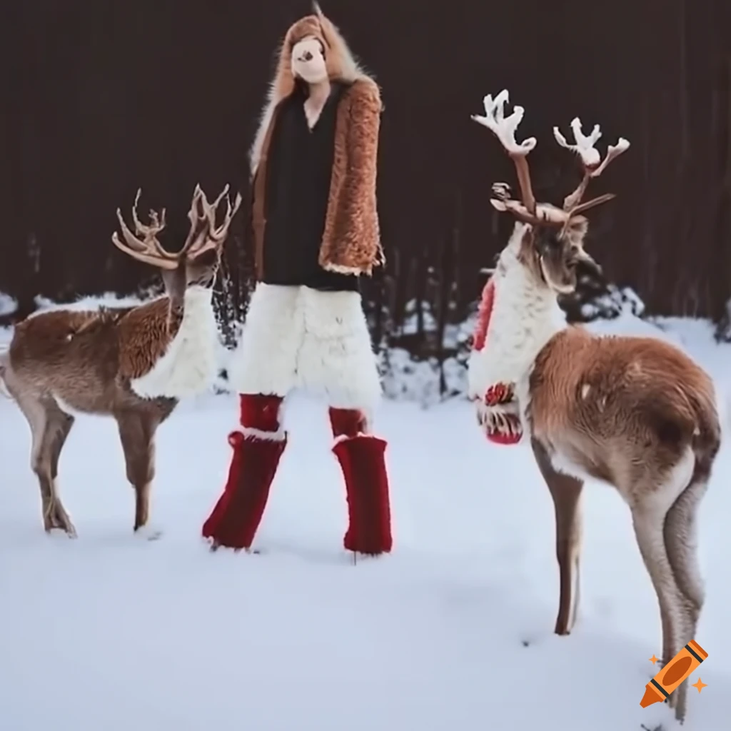 Reindeer in snowy landscape with socks