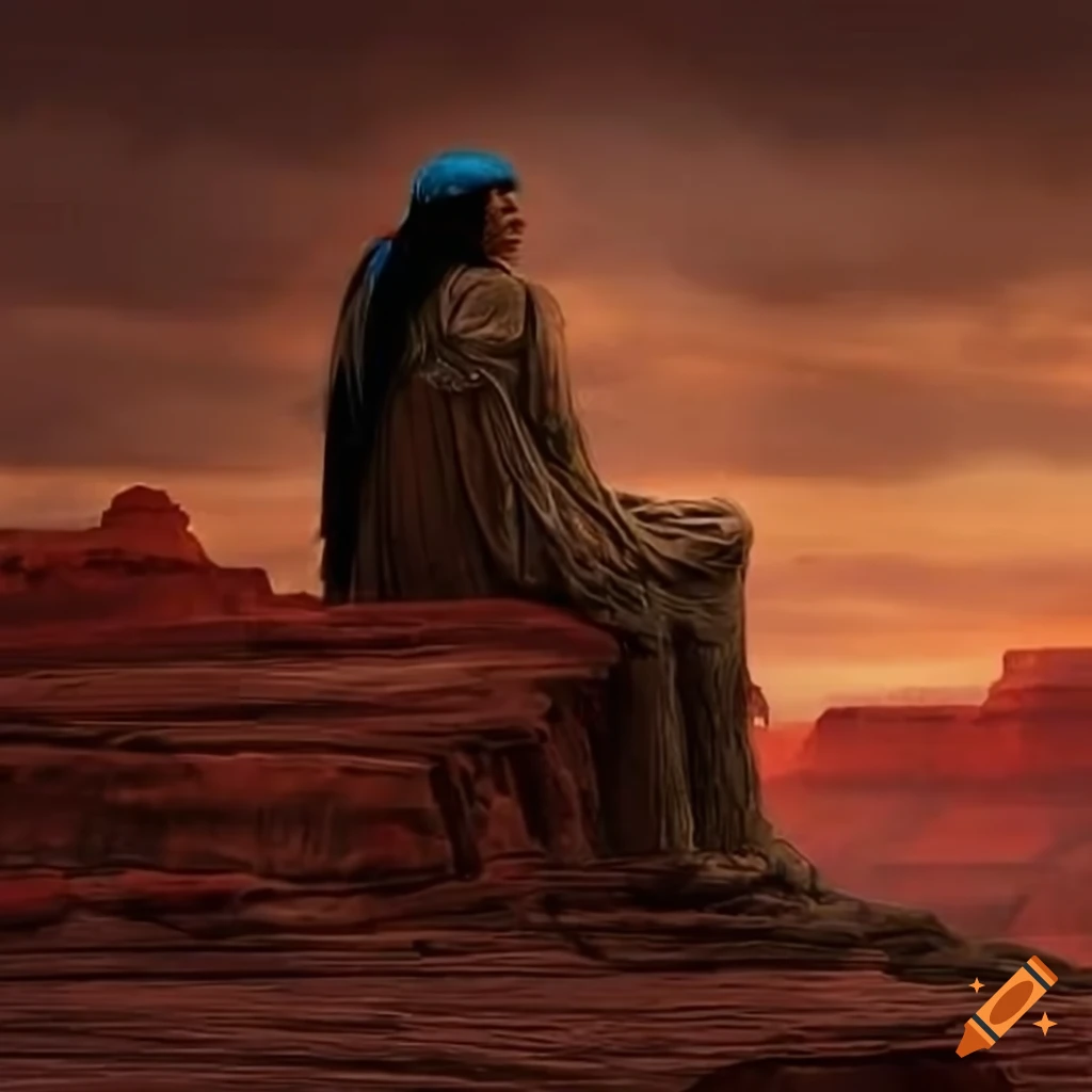 realistic depiction of a Native American chief in a canyon valley
