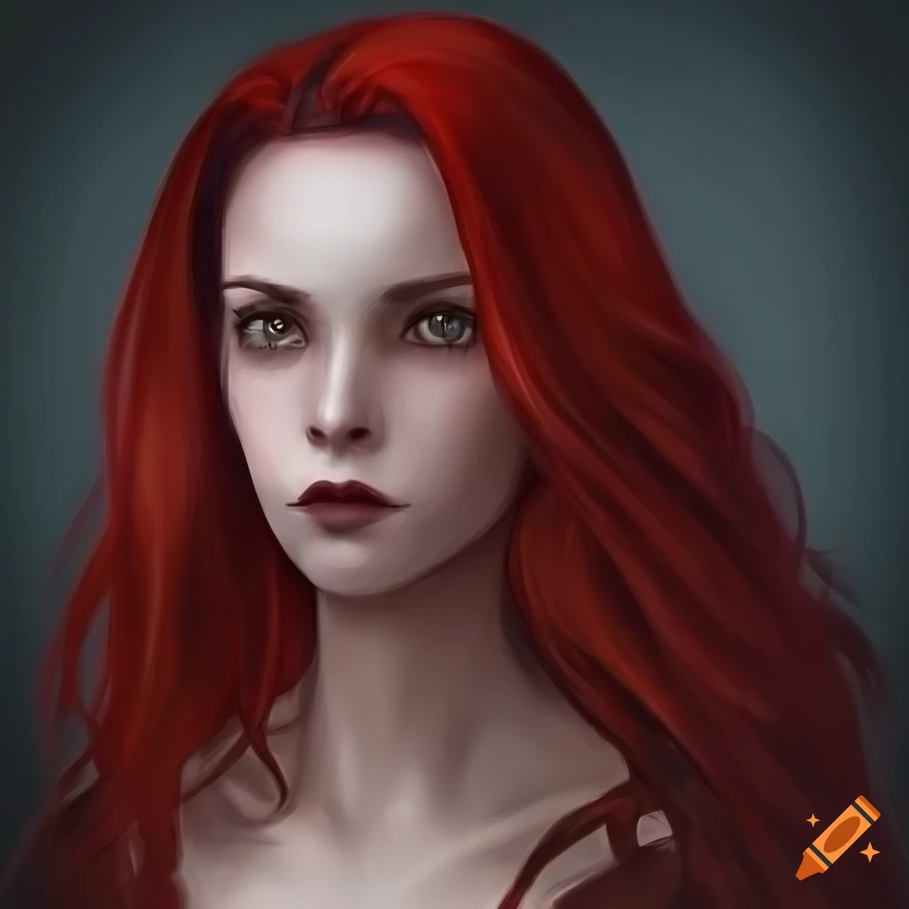 realistic illustration of a young woman with long crimson hair