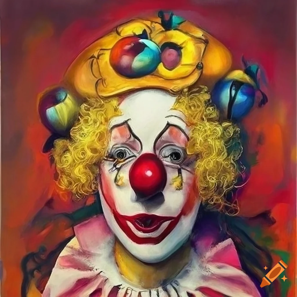Surrealistic painting of decadent clown performers