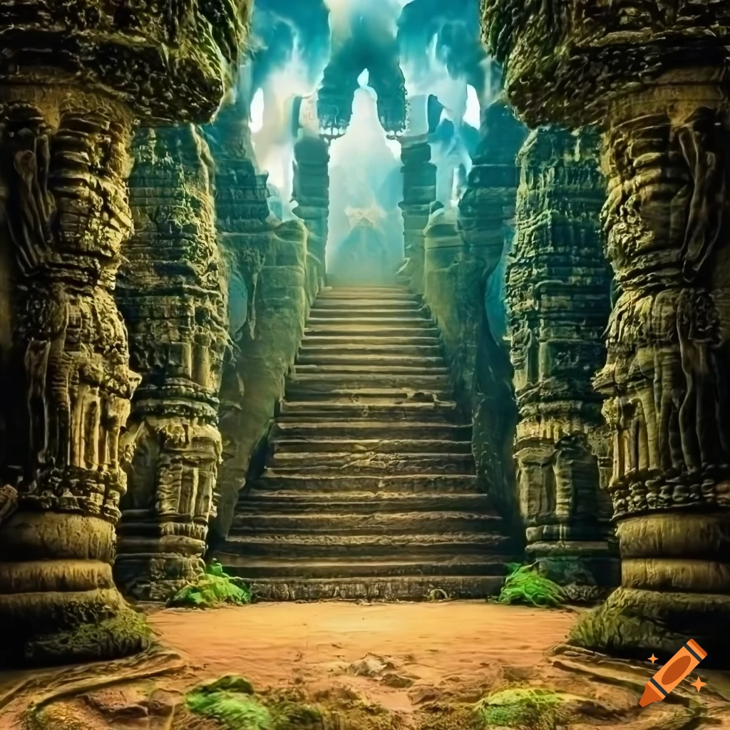 detailed backdrop of African temple with moss and ferns