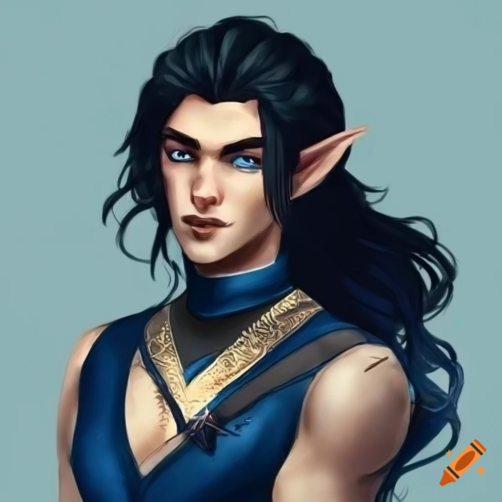 illustration of a male half-elf bard in blue and gold attire