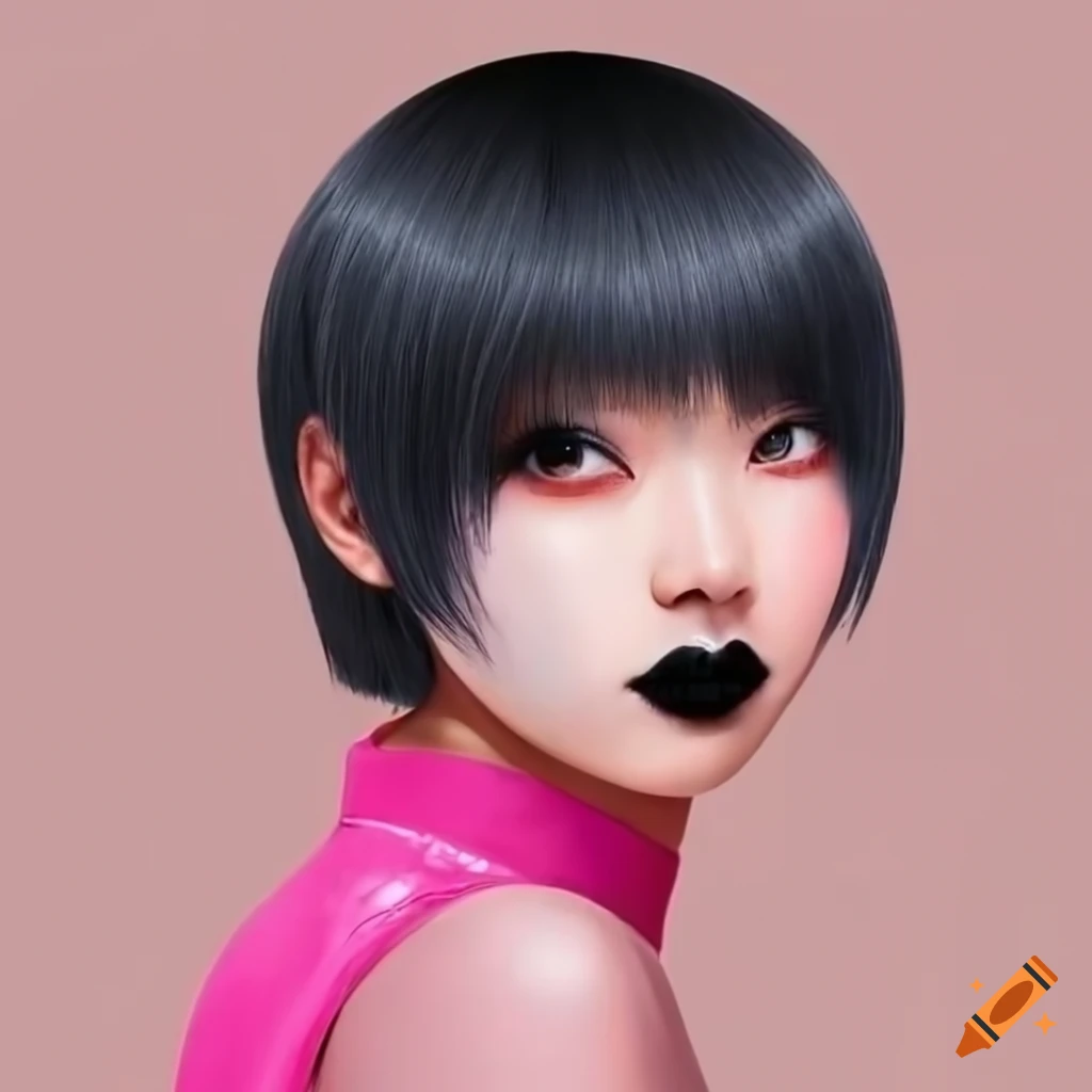 Japanese woman with short bob haircut and pink dress