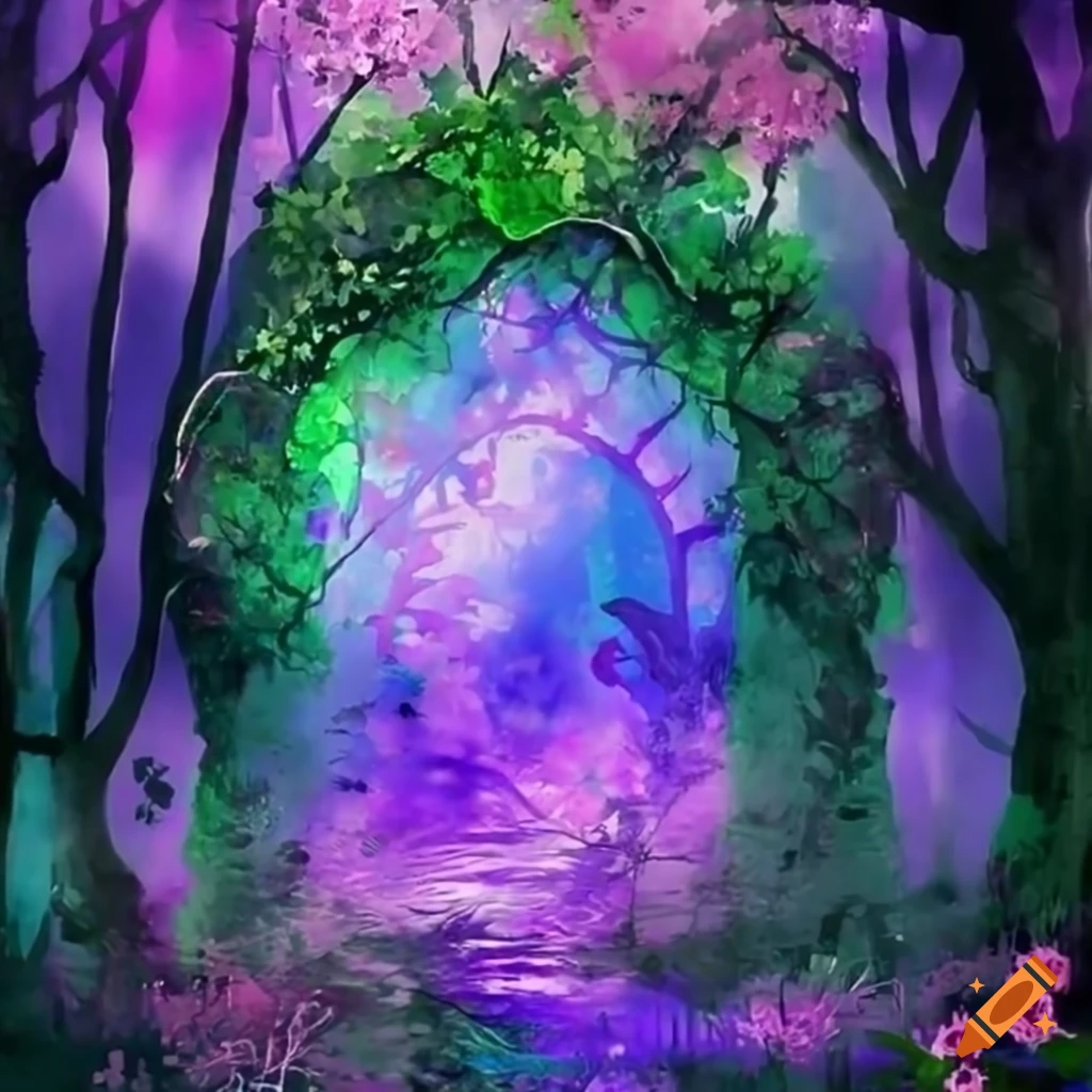 bright forest with a glowing purple fantasy portal arch