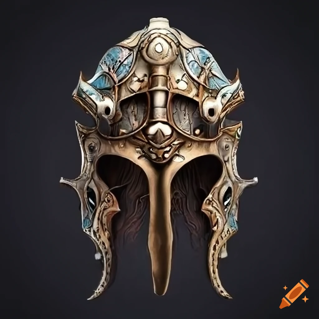 intricate mythic leather helmet with symmetrical design
