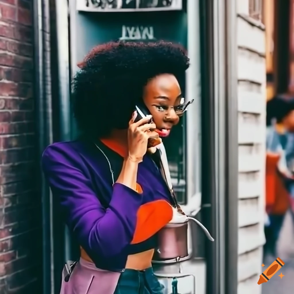 stylish black woman using a pay phone on a busy street
