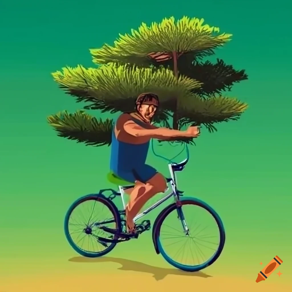man riding a bike with a pine tree on the back