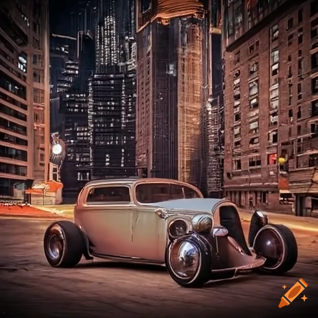 photo of old hotrod in futuristic city
