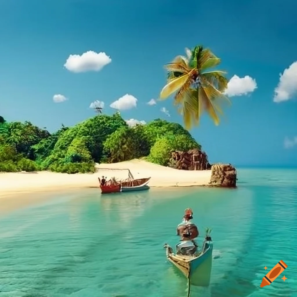 ancient ship anchored near a tropical island