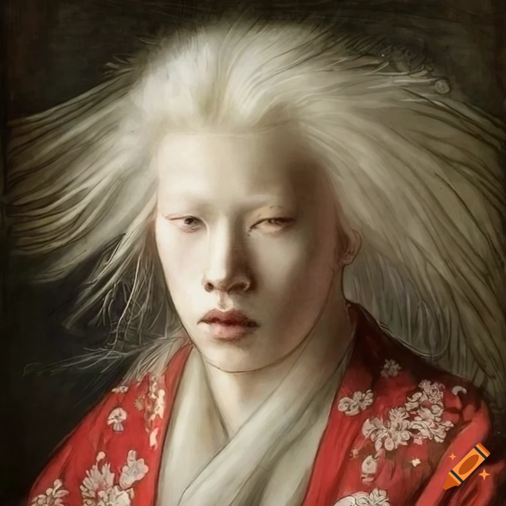 close portrait of a beautiful albino male in a red floral kimono in a garden