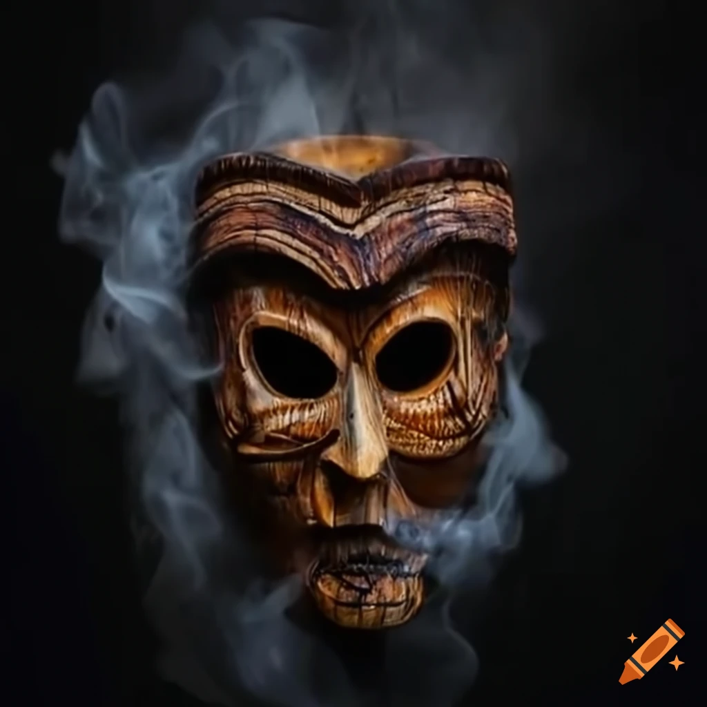 flaming wooden mask with smoke