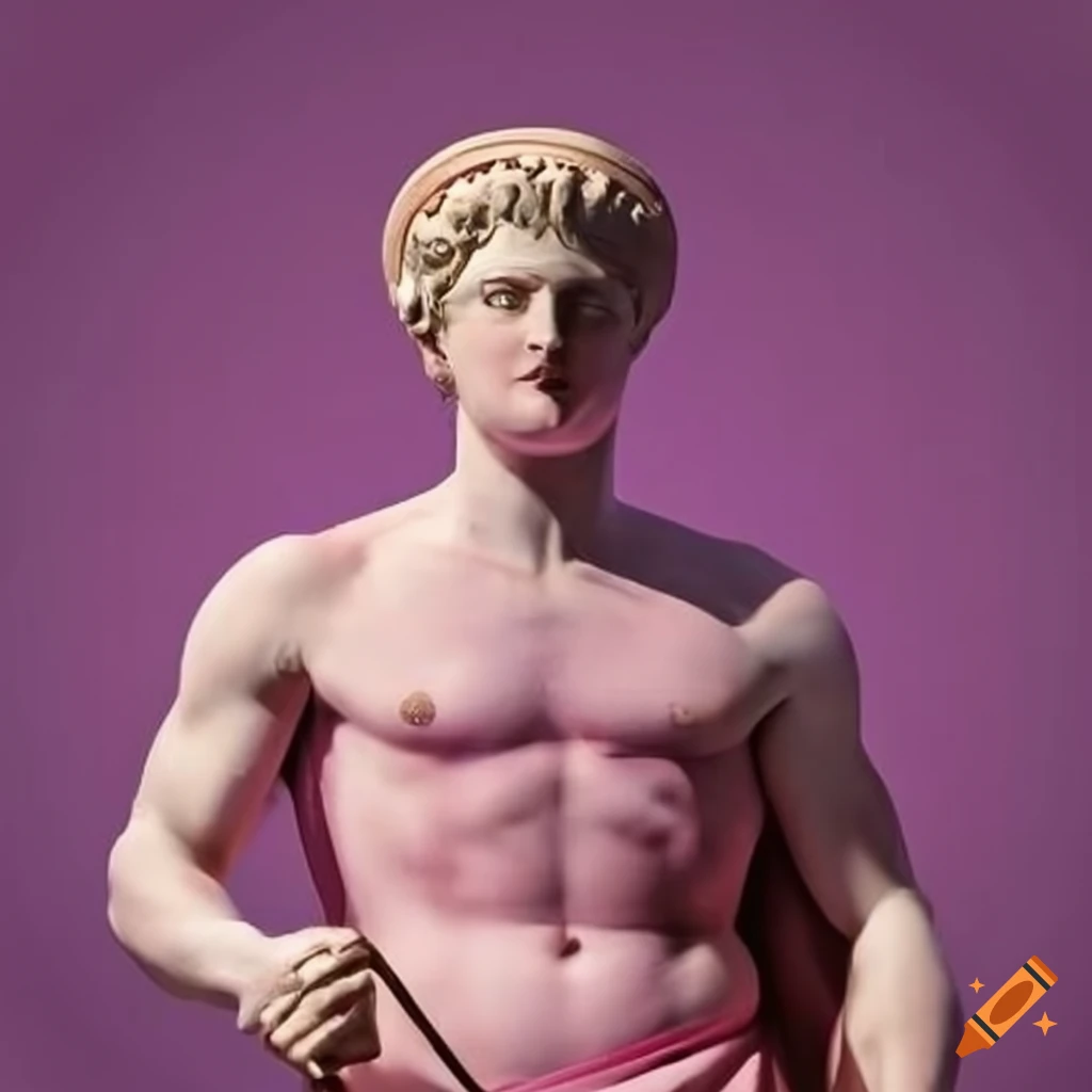 Greek hero dressed in pink standing confidently