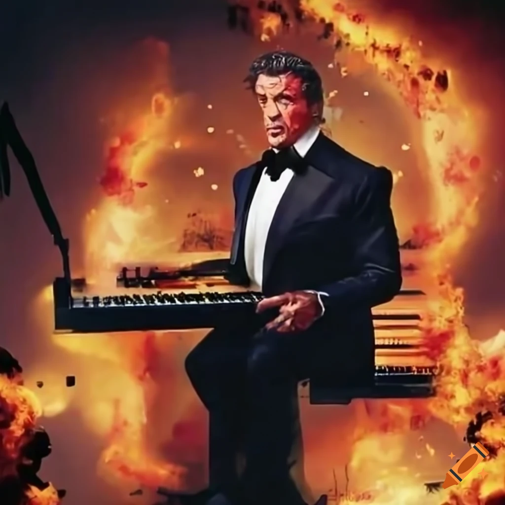 Sylvester Stallone playing piano with explosive background