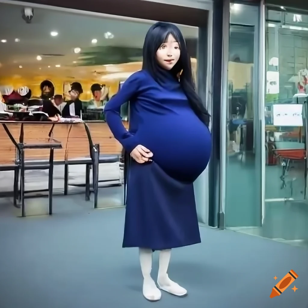 Photo of a pregnant japanese girl in stylish outfit