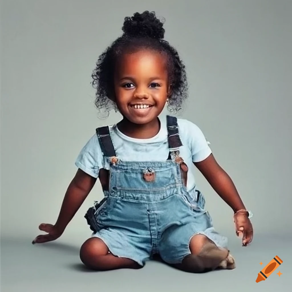 Smiling black toddler girl in overalls