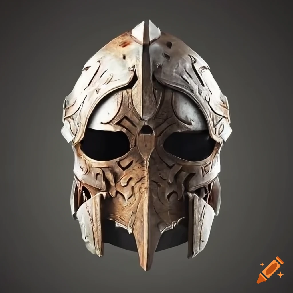 intricate symmetrical battle helmet