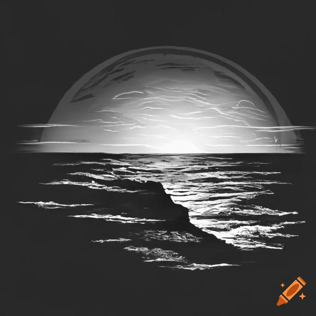 Black and white image of a barren wasteland cliff overlooking the sea