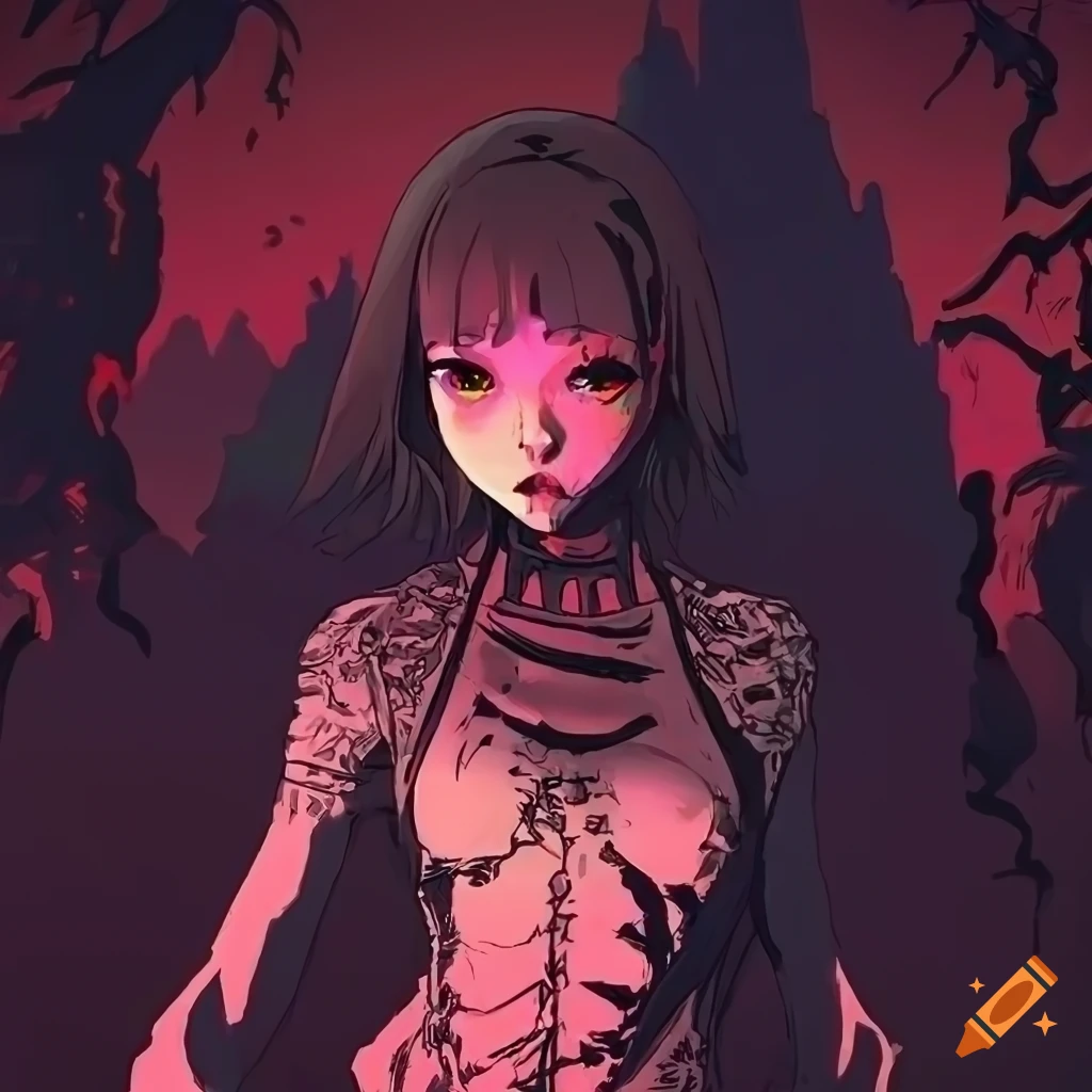 detailed gothic horror illustration with pagoda