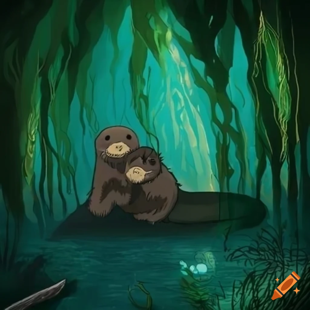 Studio Ghibli-style drawing of sea otters in a kelp forest