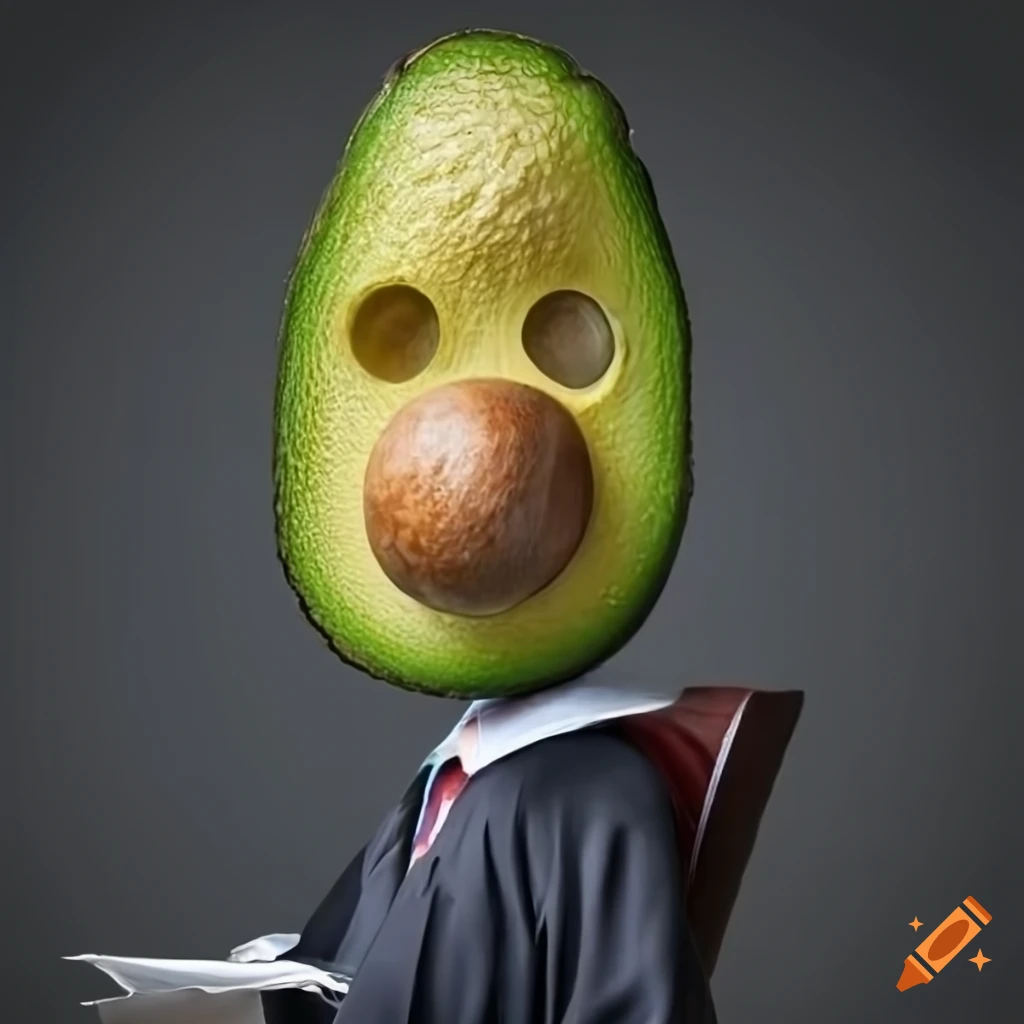 Photograph of a avocado in a lawyer suit