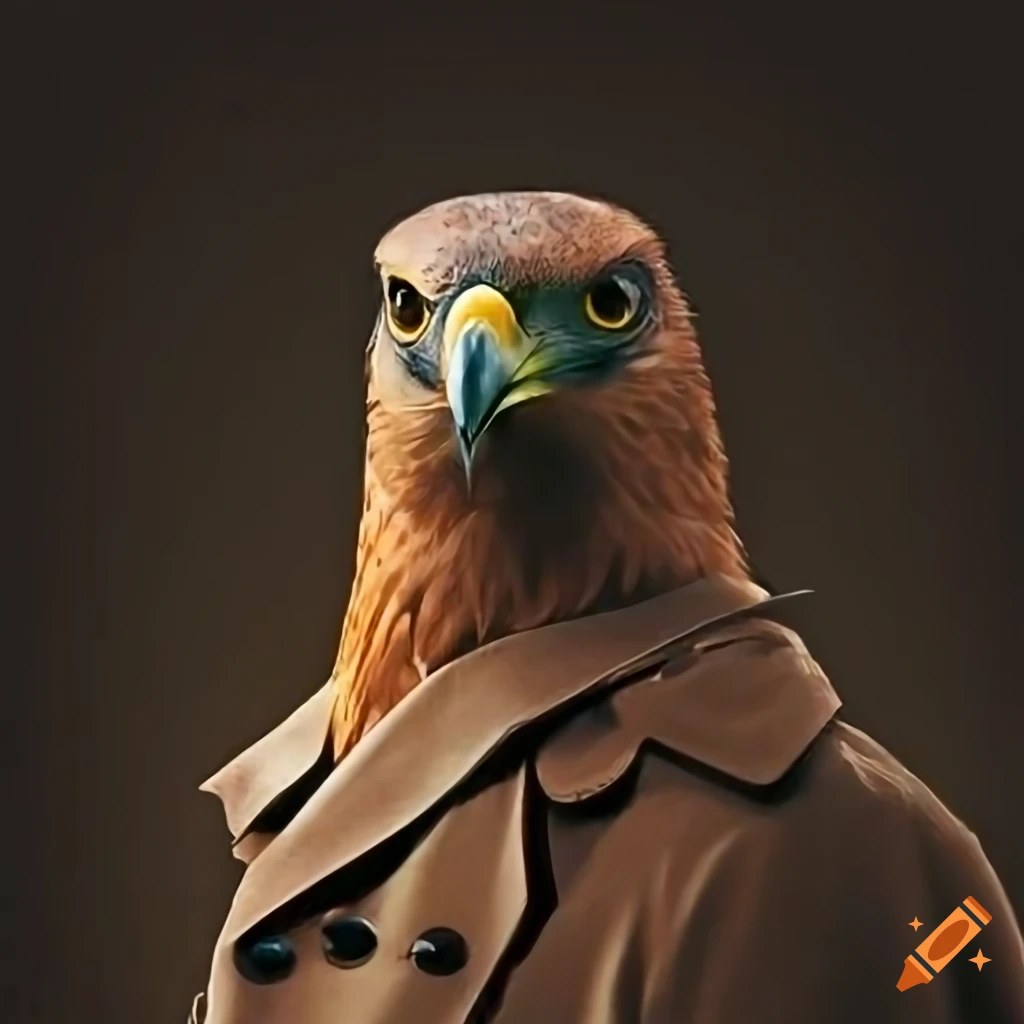 image of a hawk in a trenchcoat and detective hat