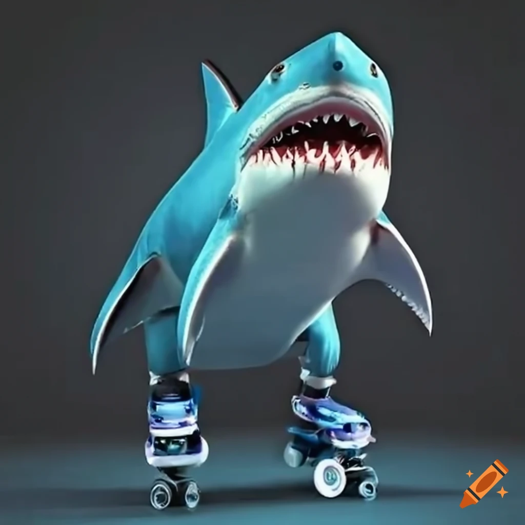 Funny image of a smiling shark on roller skates