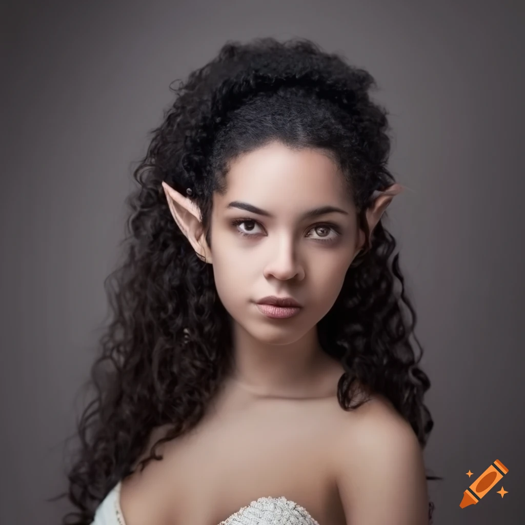 Curly Elf Portrait of a beautiful elven woman with curly black hair on Craiyon