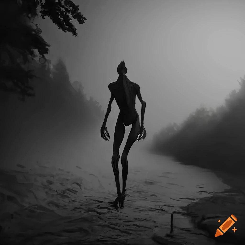 black and white photo of a mysterious creature in a foggy valley