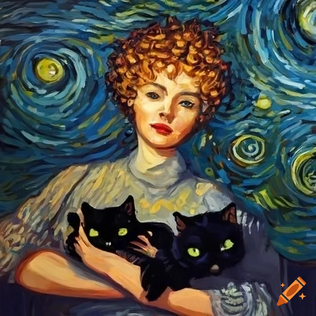 Van gogh painting of a woman with black cats