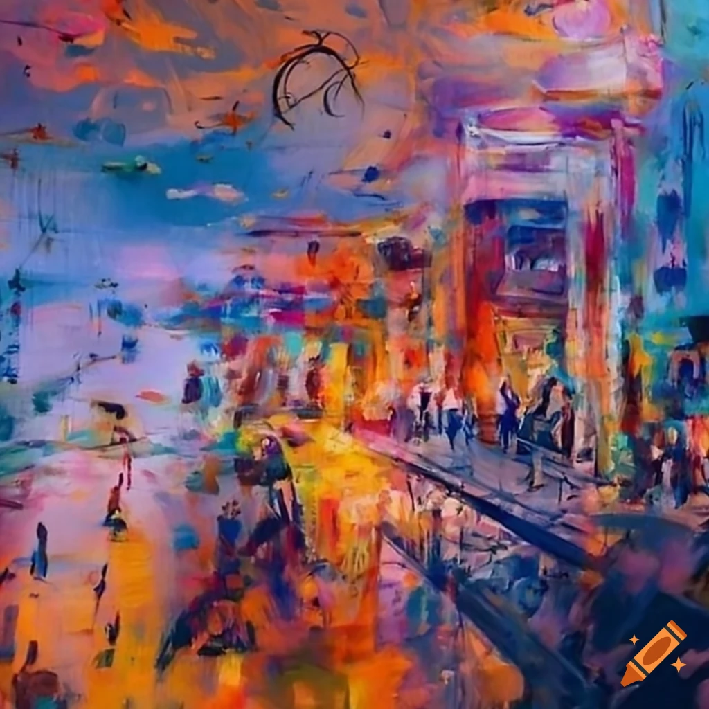 abstract painting of a crowd at a train station with flying doves