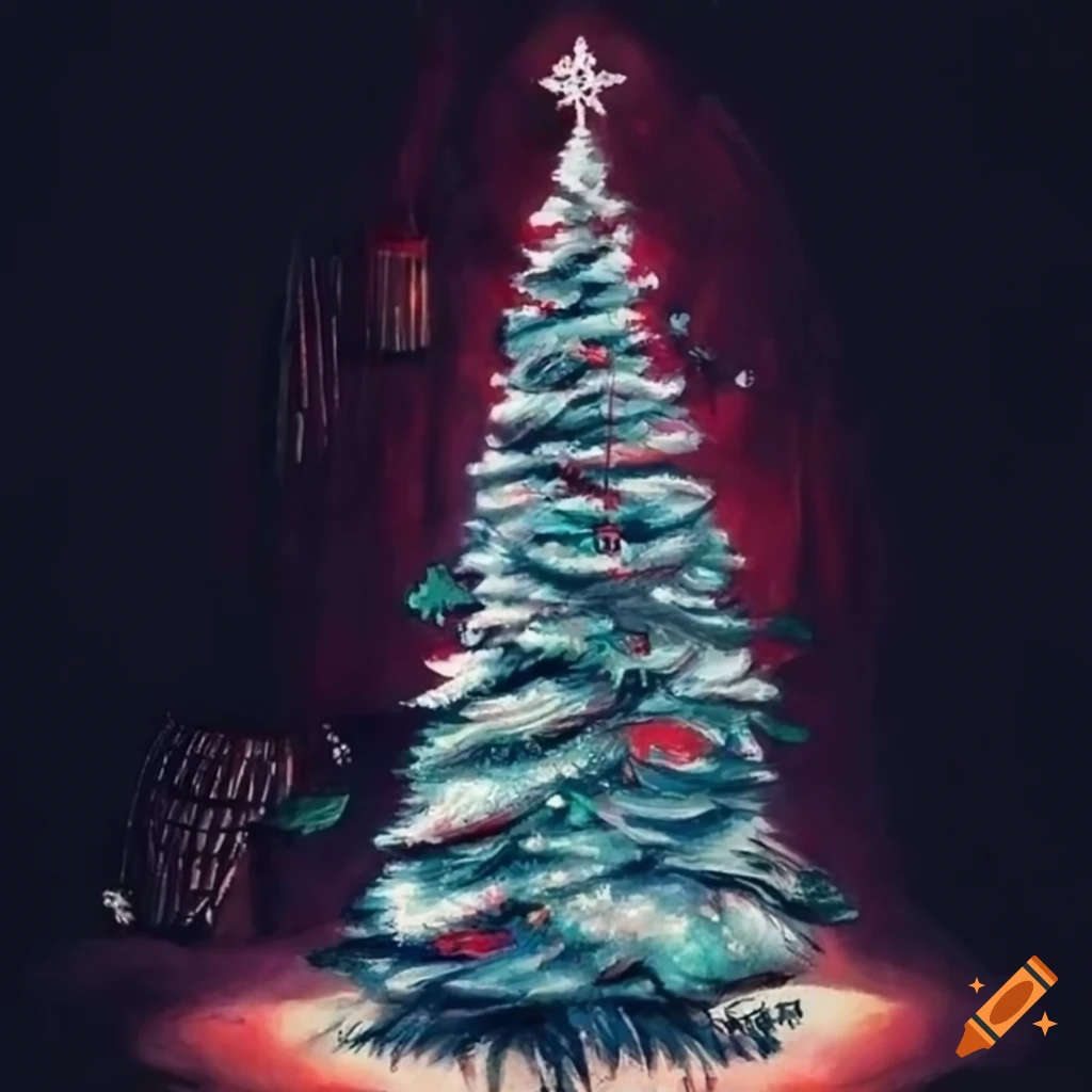dibujo de un árbol navideño en carboncillo en un salón de baile