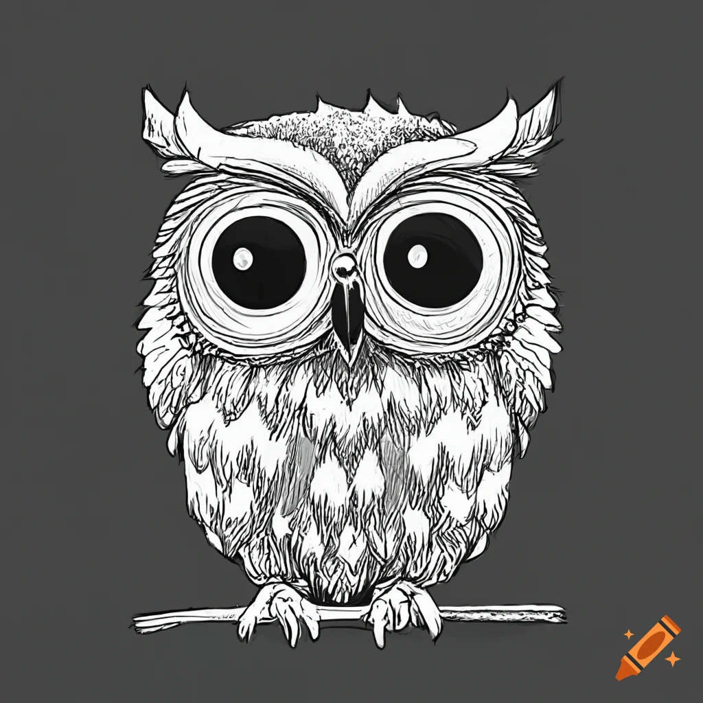 black and white cartoon owl drawing